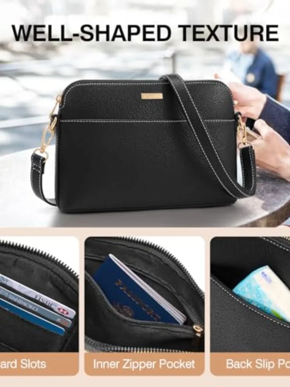 Vegan Leather Crossbody Bag with Card Slots Adjustable Strap Lightweight Travel